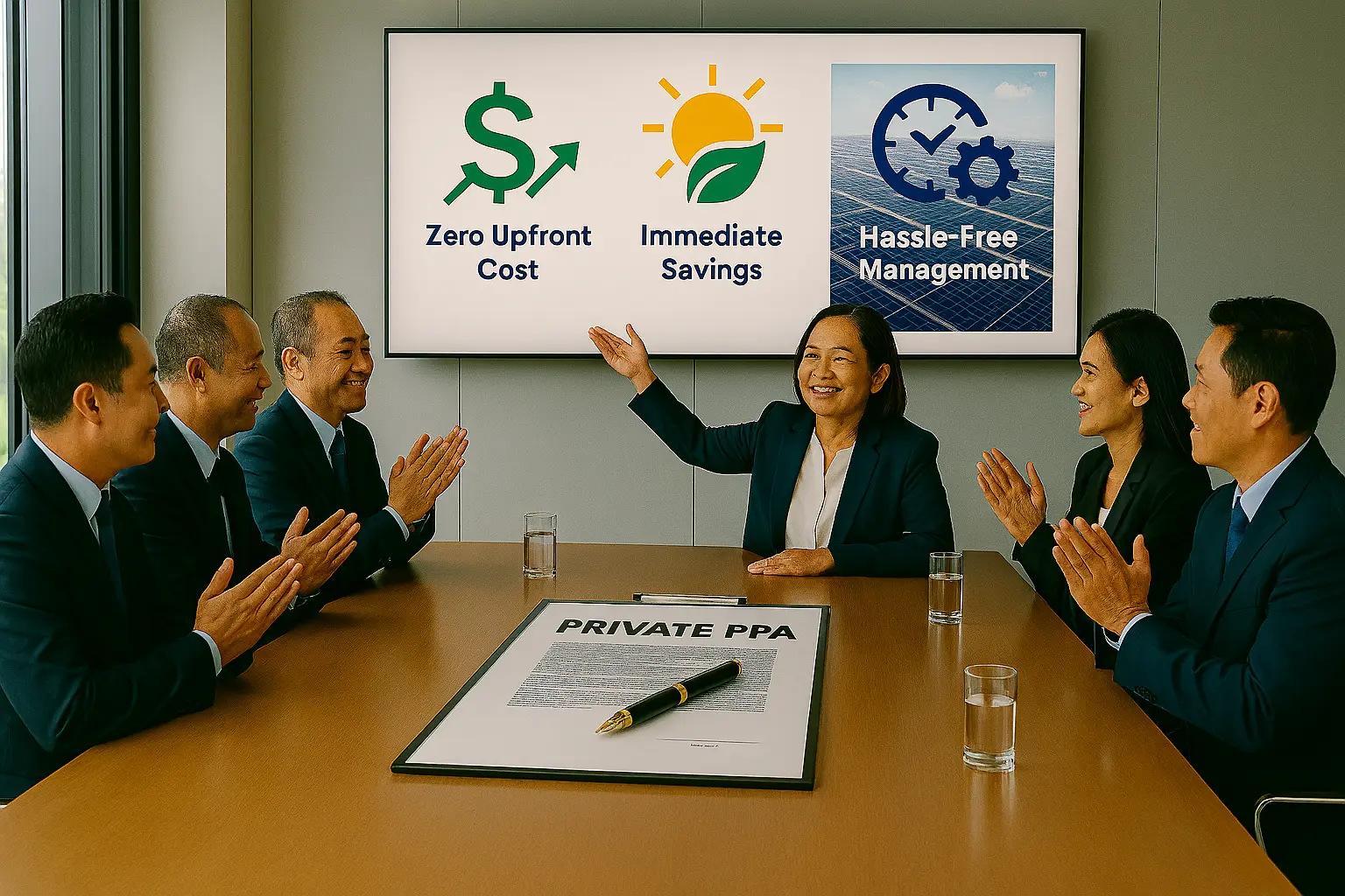 A senior executive smiling and receiving applause, celebrating the significant cost savings and business advantages gained from a Deizzem solar PPA.