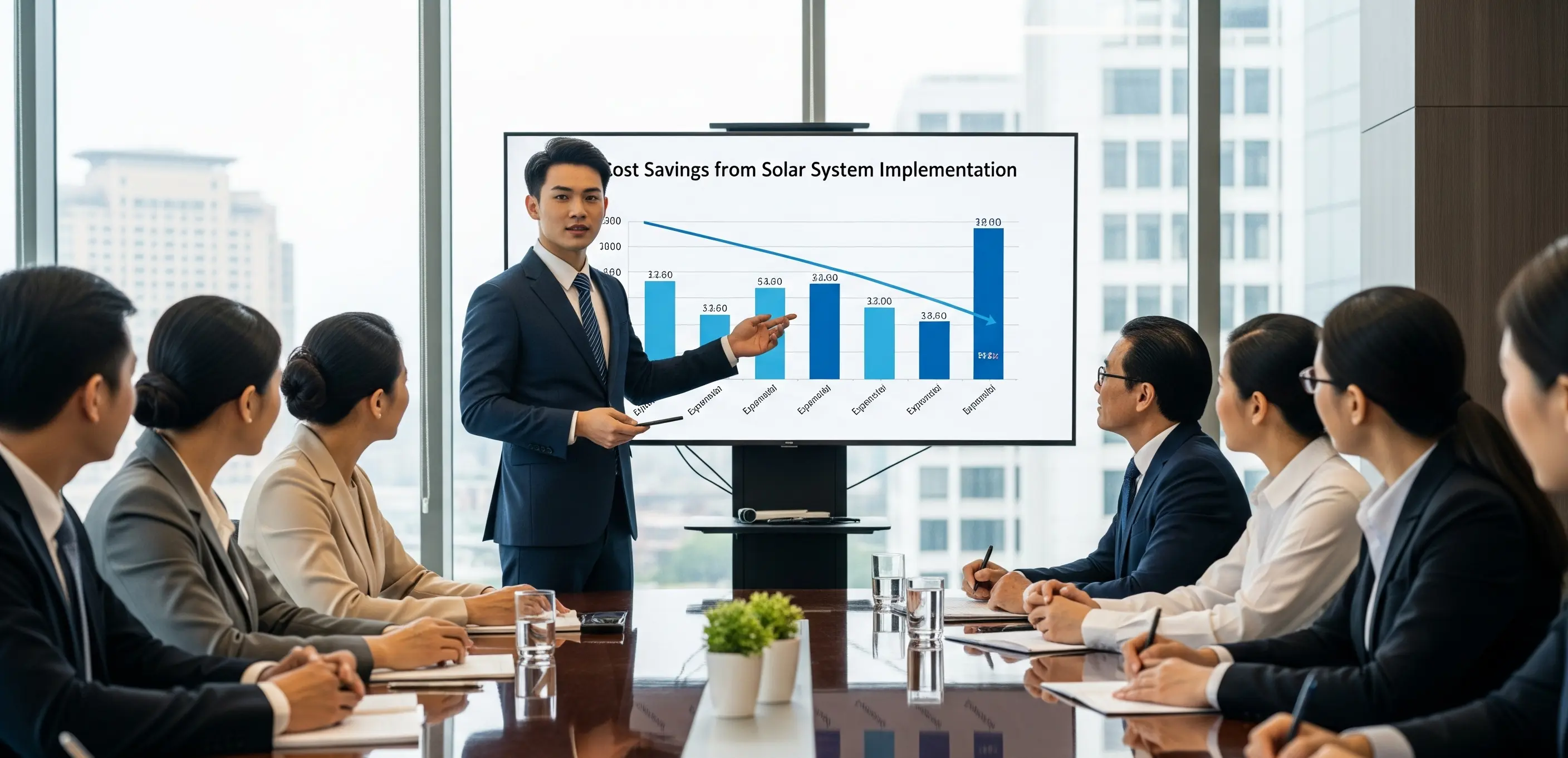 A young man's confident presentation, showcasing how Deizzem's solar leasing makes renewable energy easy and affordable for businesses.
