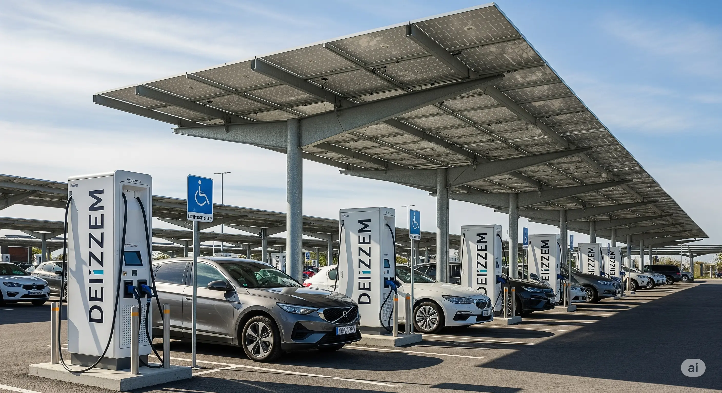 An electric vehicle charging at a home or business, powered by a Deizzem solar EV charging system.