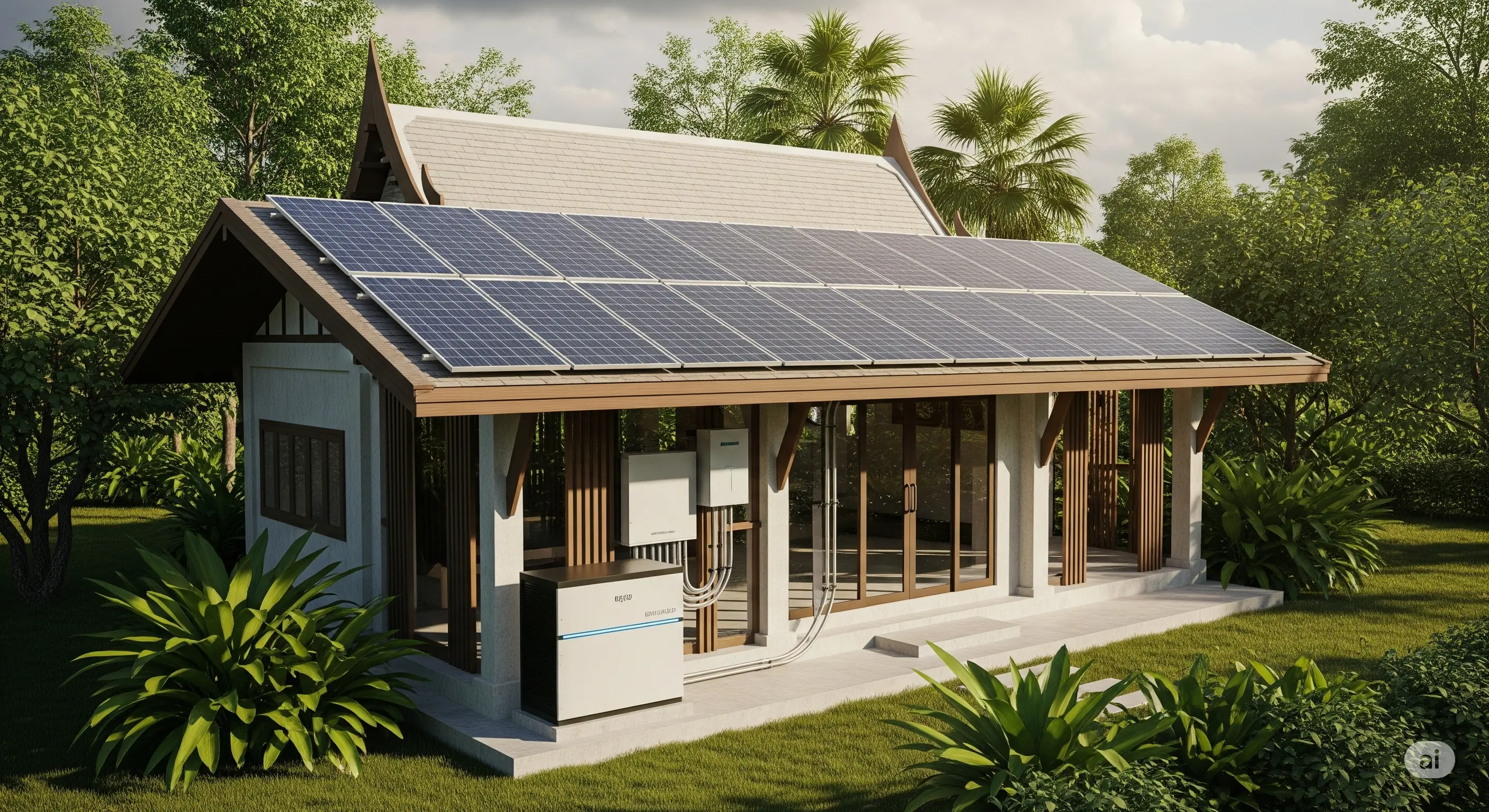 A self-contained off-grid solar system by Deizzem stabilising the power for a remote home, highlighting energy independence.