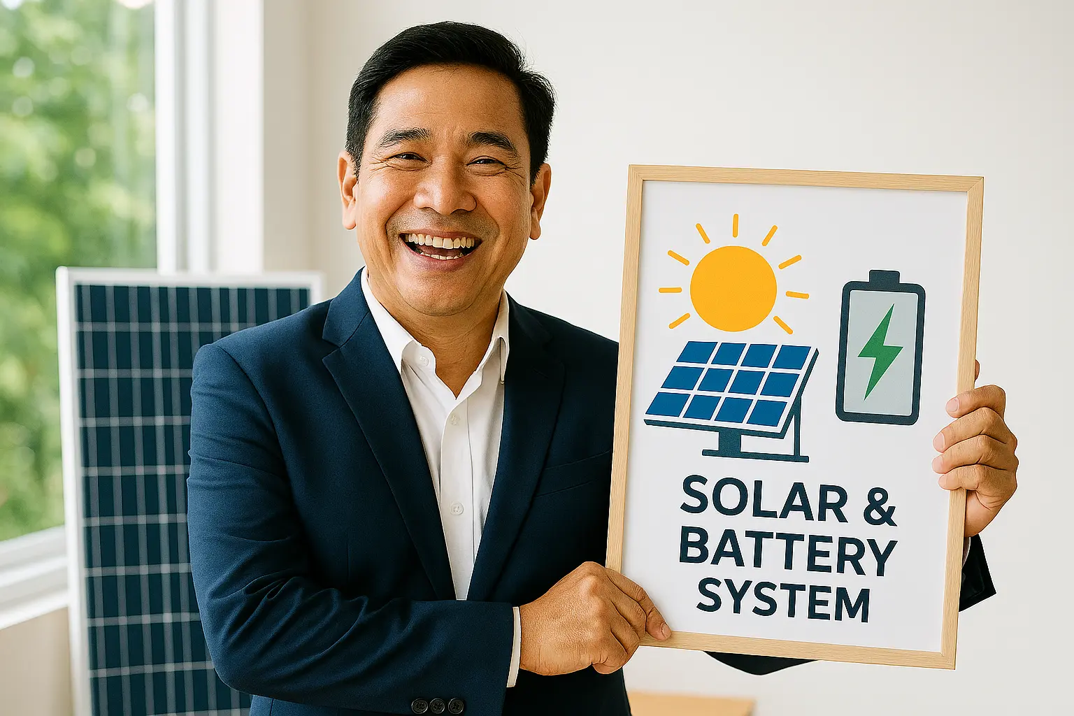 A man's proud smile, symbolizing the financial freedom and peace of mind from his successful solar self-investment with Deizzem.