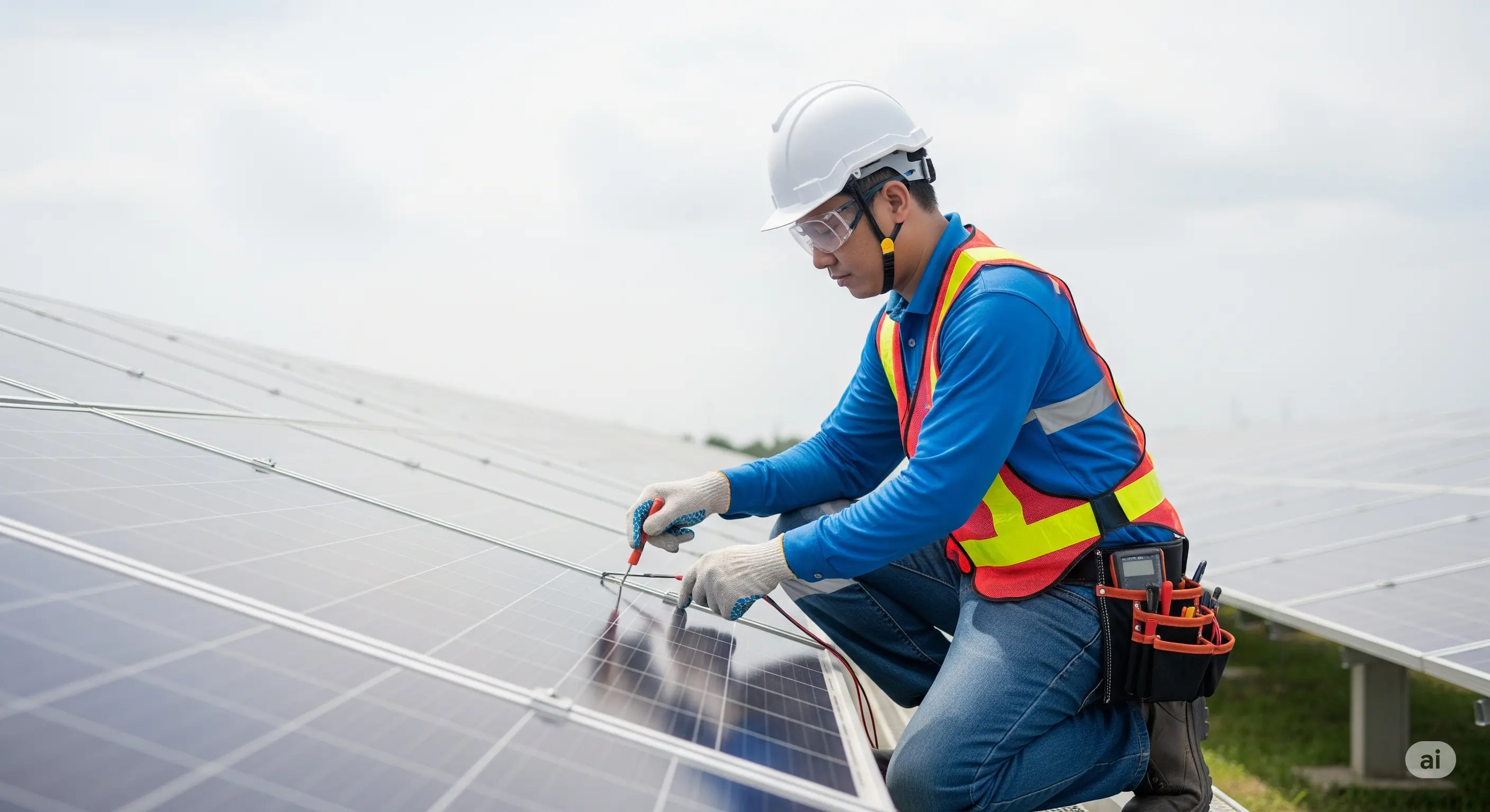 A Deizzem technician inspecting solar panels on a rooftop, symbolizing professional solar operation and maintenance services.